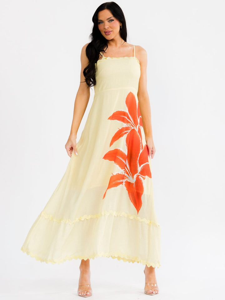 WOMEN'S SLEEVELESS SQUARE NECK SMOCK TRIM DETAILED FLORAL MAXI DRESS