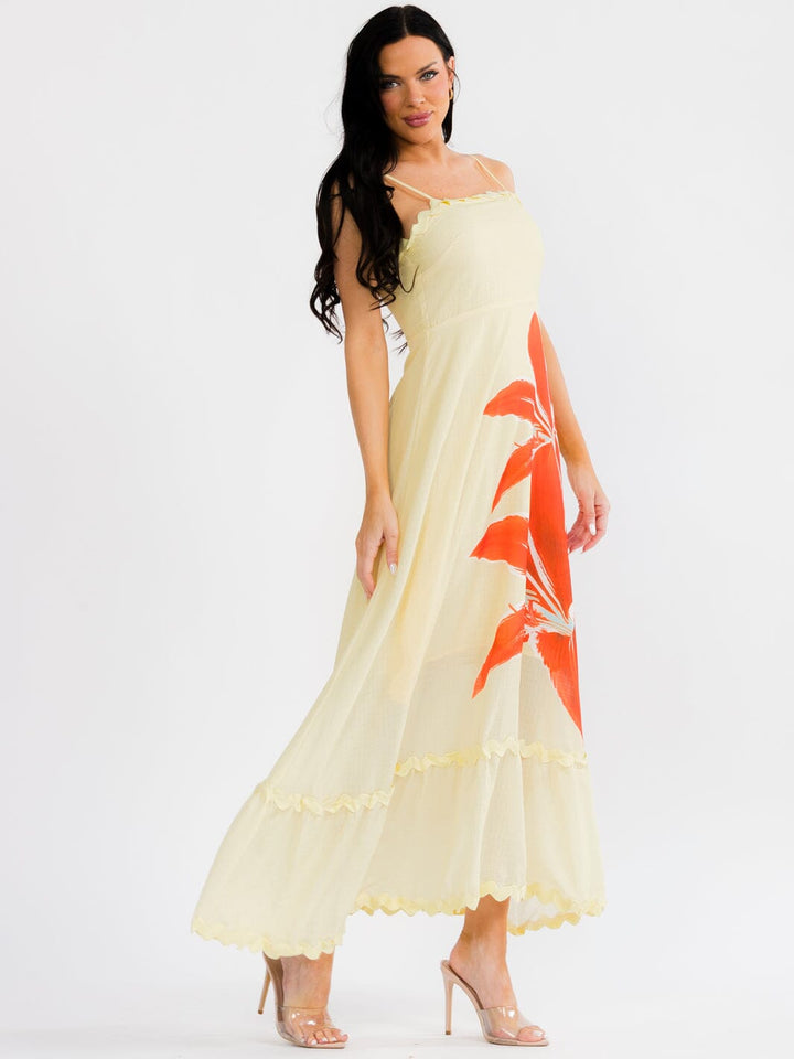 WOMEN'S SLEEVELESS SQUARE NECK SMOCK TRIM DETAILED FLORAL MAXI DRESS