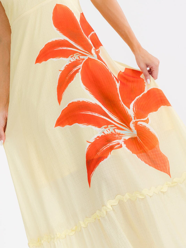 WOMEN'S SLEEVELESS SQUARE NECK SMOCK TRIM DETAILED FLORAL MAXI DRESS