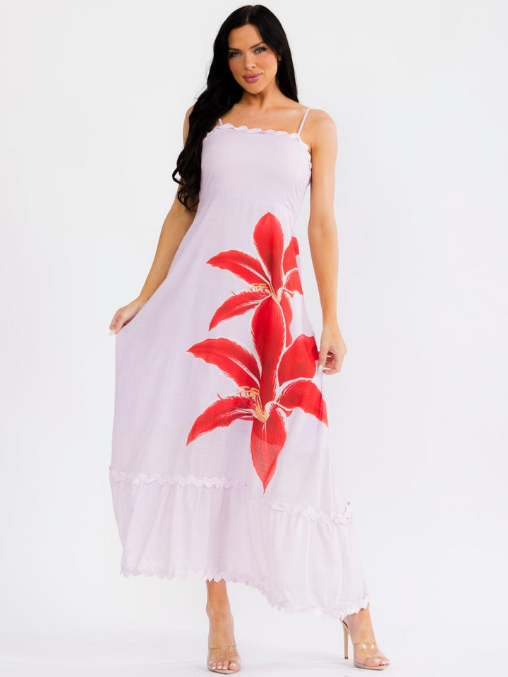 WOMEN'S SLEEVELESS SQUARE NECK SMOCK TRIM DETAILED FLORAL MAXI DRESS