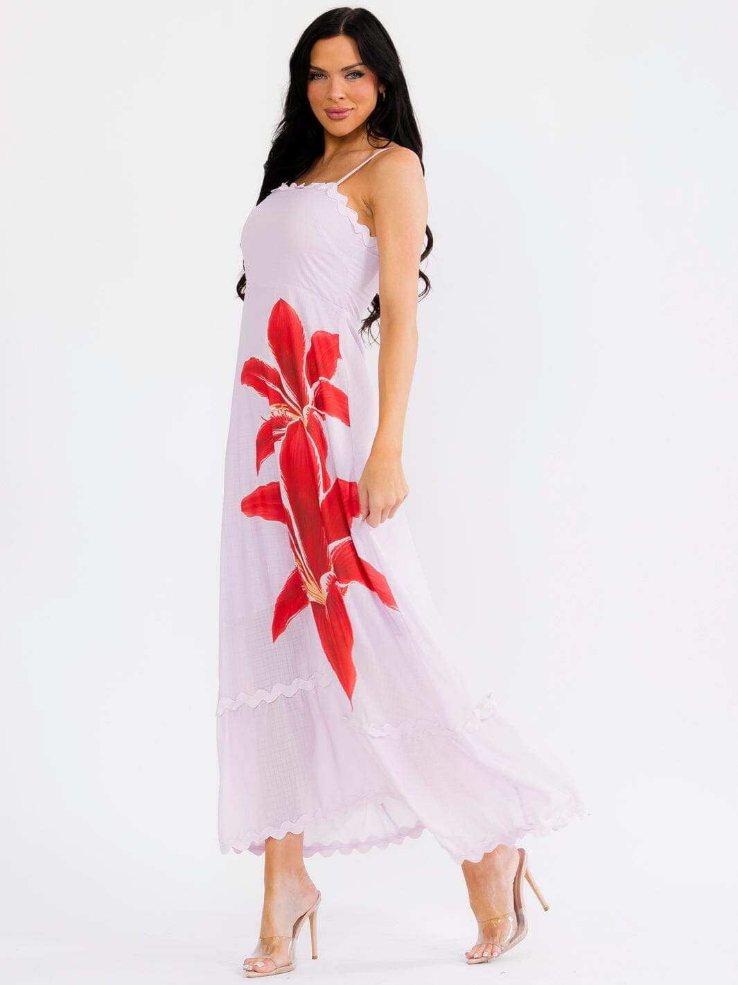WOMEN'S SLEEVELESS SQUARE NECK SMOCK TRIM DETAILED FLORAL MAXI DRESS