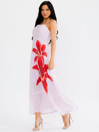 WOMEN'S SLEEVELESS SQUARE NECK SMOCK TRIM DETAILED FLORAL MAXI DRESS
