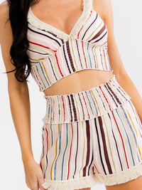 WOMEN'S HALTER NECK CROP TOP & ELASTIC WAIST SHORTS SMOCK STRIPES 2PC. SET