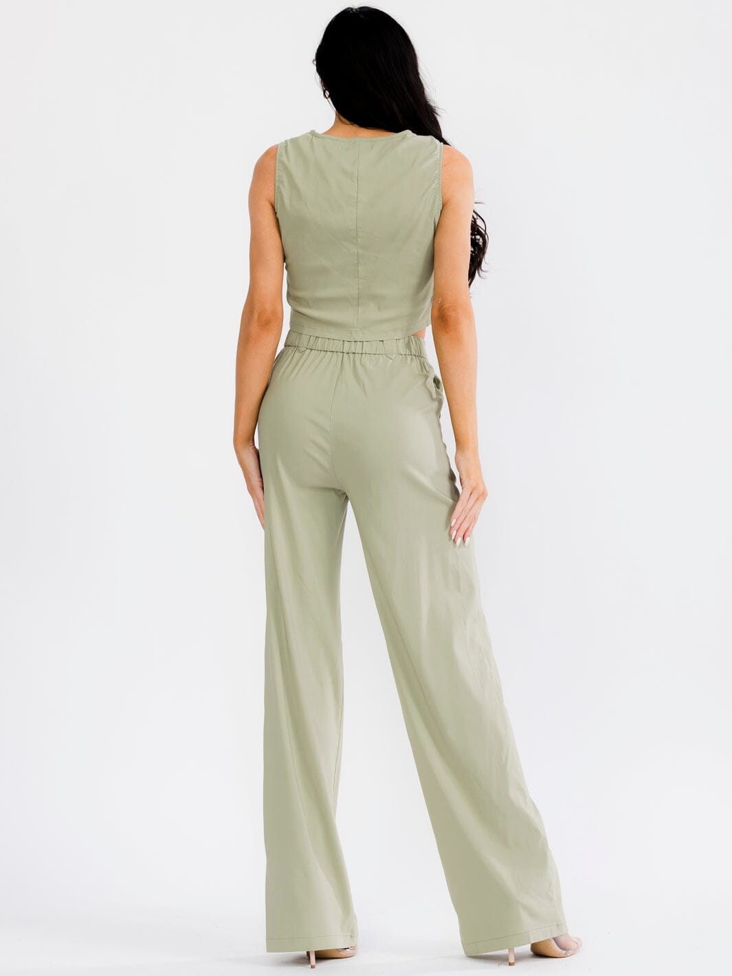 WOMEN'S SLEEVELESS CROP TO & ELASTIC WAIST PANTS CHAIN DETAIL 2PC. SET