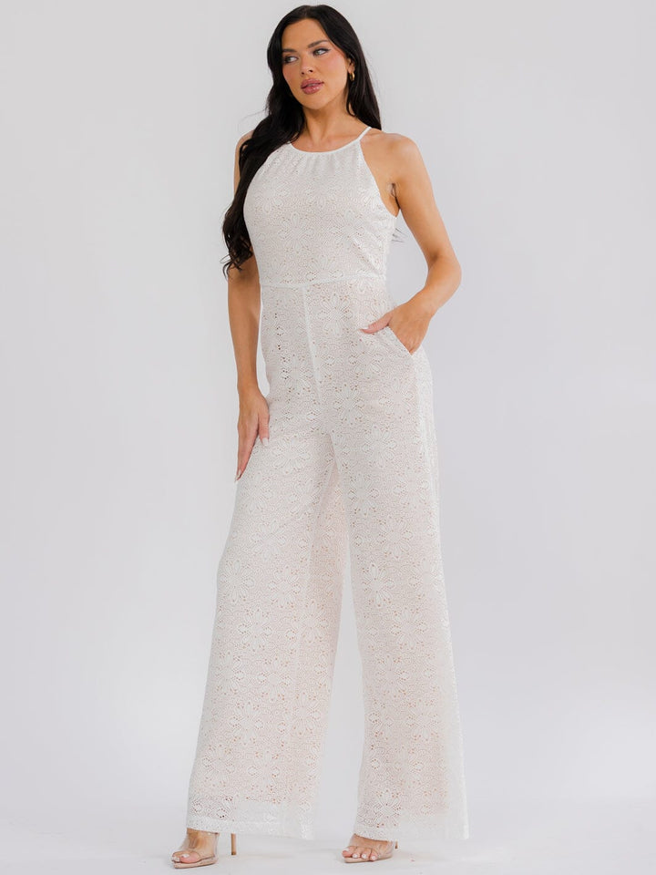 WOMEN'S SLEEVELESS HALTER NECK FRONT POCKETS WIDE LEG LACE KNIT JUMPSUIT