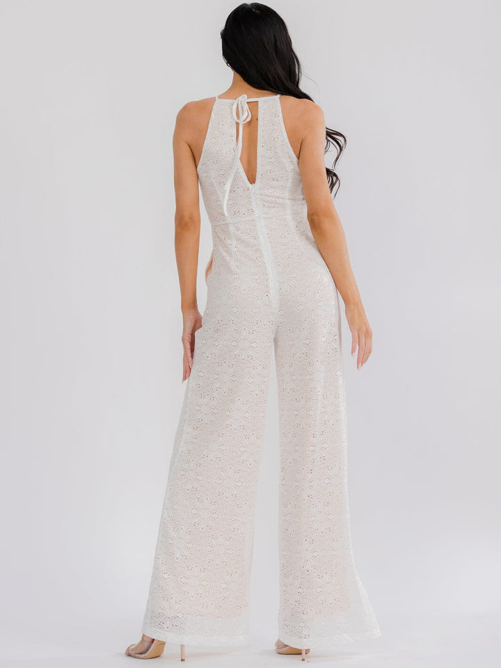 WOMEN'S SLEEVELESS HALTER NECK FRONT POCKETS WIDE LEG LACE KNIT JUMPSUIT