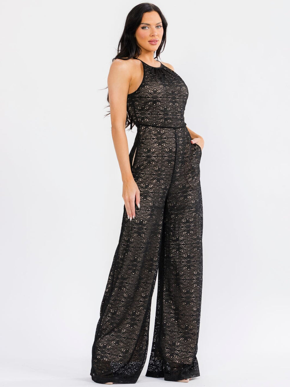 WOMEN'S SLEEVELESS HALTER NECK FRONT POCKETS WIDE LEG LACE KNIT JUMPSUIT