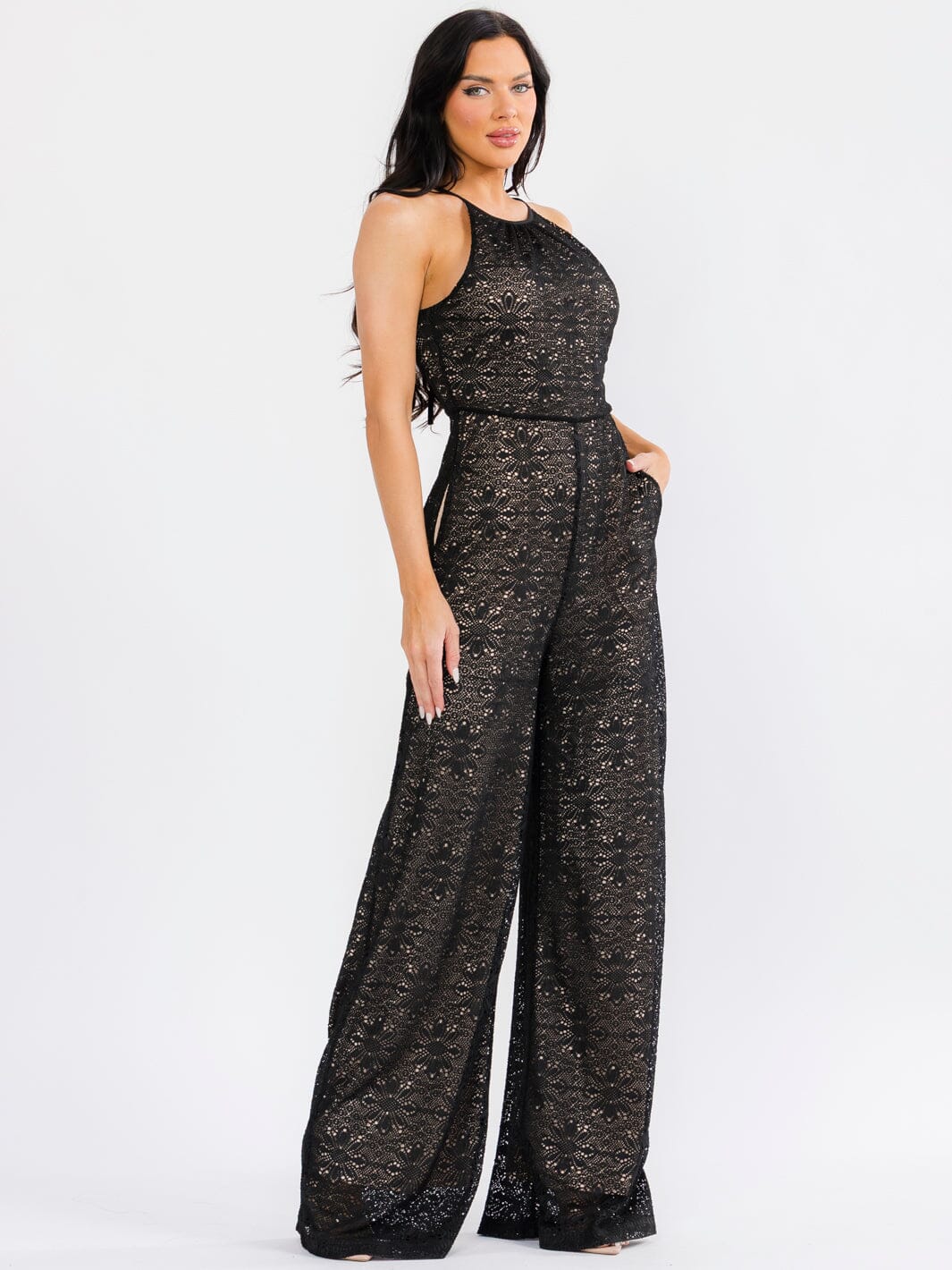 WOMEN'S SLEEVELESS HALTER NECK FRONT POCKETS WIDE LEG LACE KNIT JUMPSUIT