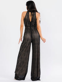 WOMEN'S SLEEVELESS HALTER NECK FRONT POCKETS WIDE LEG LACE KNIT JUMPSUIT