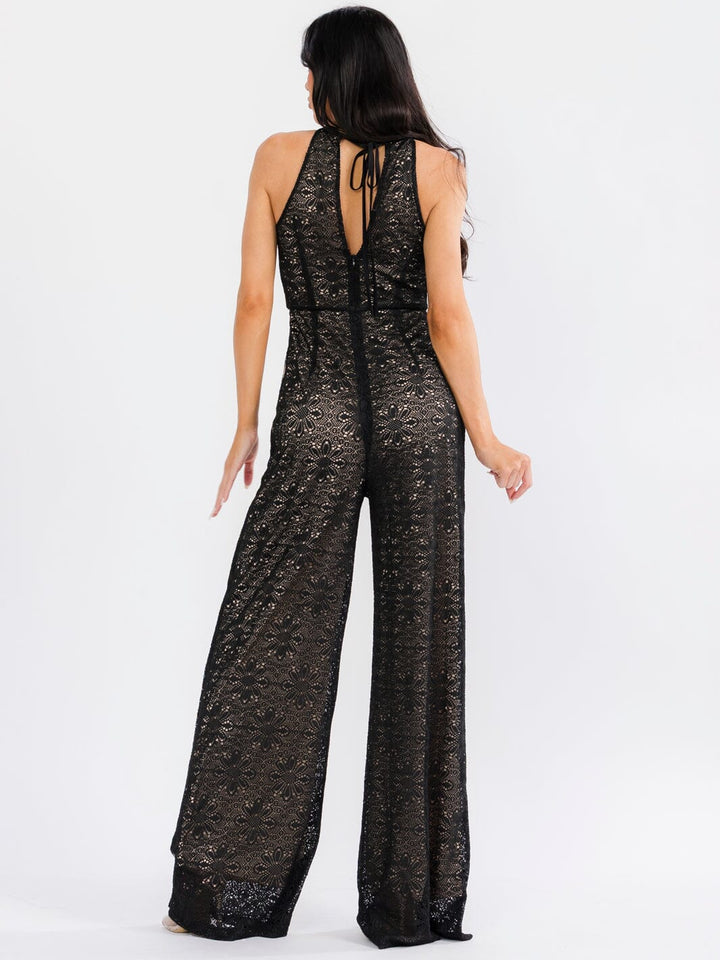 WOMEN'S SLEEVELESS HALTER NECK FRONT POCKETS WIDE LEG LACE KNIT JUMPSUIT
