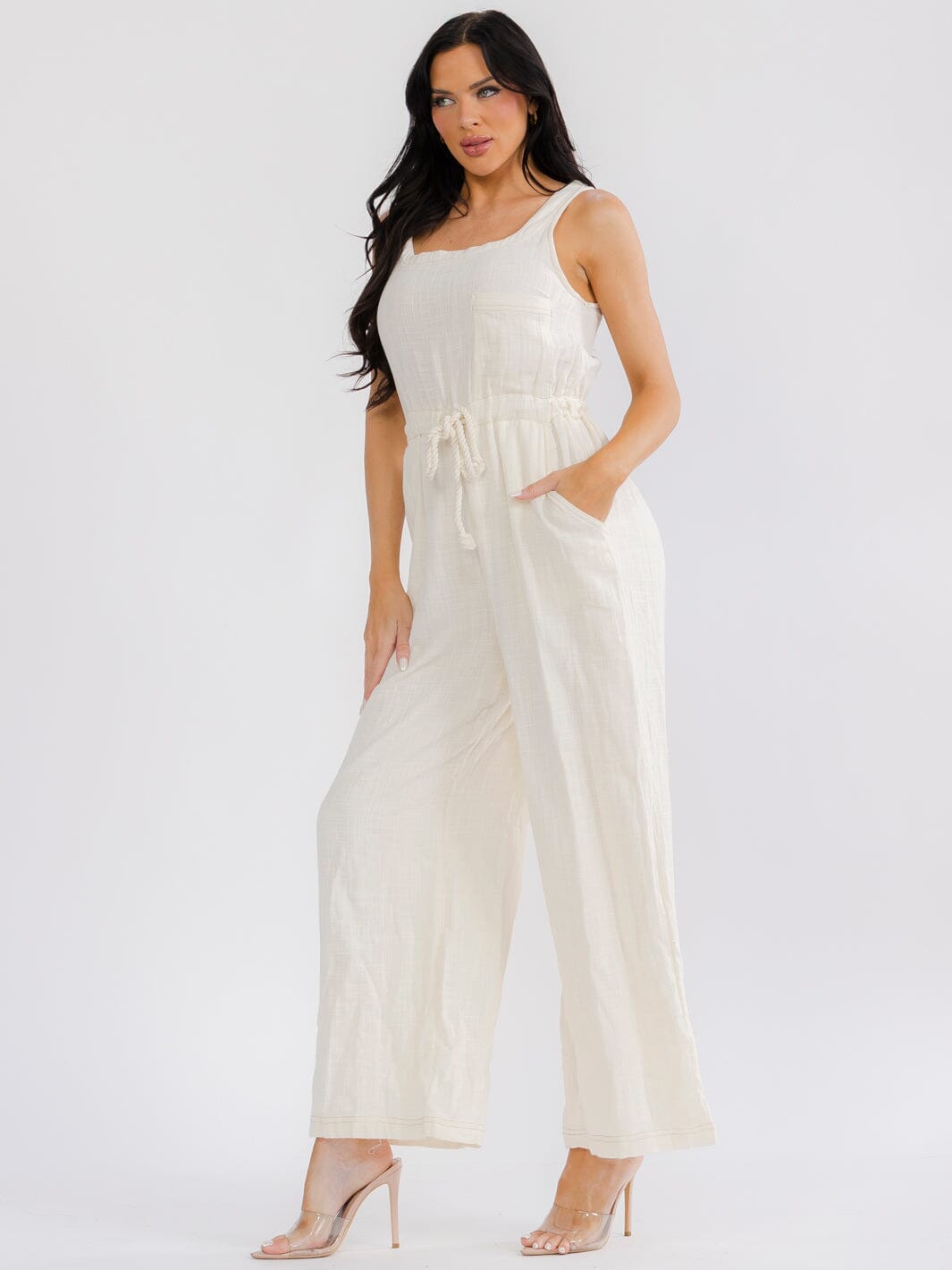 WOMEN'S SLEEVELESS SQUARE NECK FRONT POCKETS ELASTIC WAIST WIDE LEG JUMPSUIT