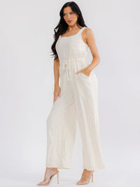 WOMEN'S SLEEVELESS SQUARE NECK FRONT POCKETS ELASTIC WAIST WIDE LEG JUMPSUIT