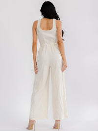 WOMEN'S SLEEVELESS SQUARE NECK FRONT POCKETS ELASTIC WAIST WIDE LEG JUMPSUIT