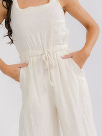 WOMEN'S SLEEVELESS SQUARE NECK FRONT POCKETS ELASTIC WAIST WIDE LEG JUMPSUIT