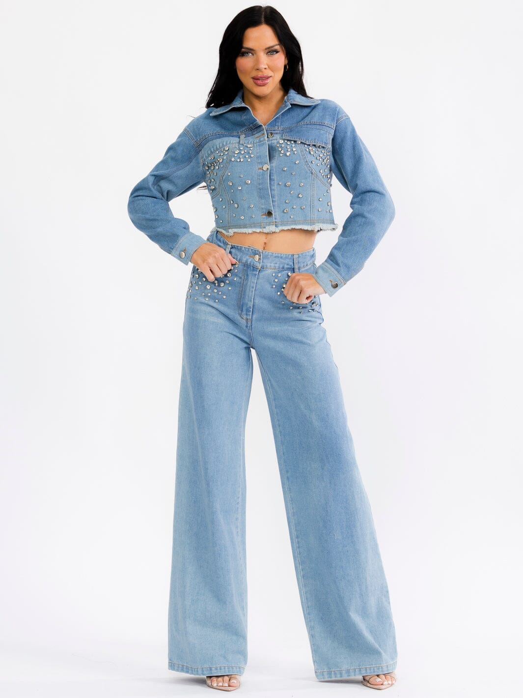 WOMEN'S LONG SLEEVE JACKET & BUTTON CLOSURE PANTS STUDS DENIM 2PC. SET
