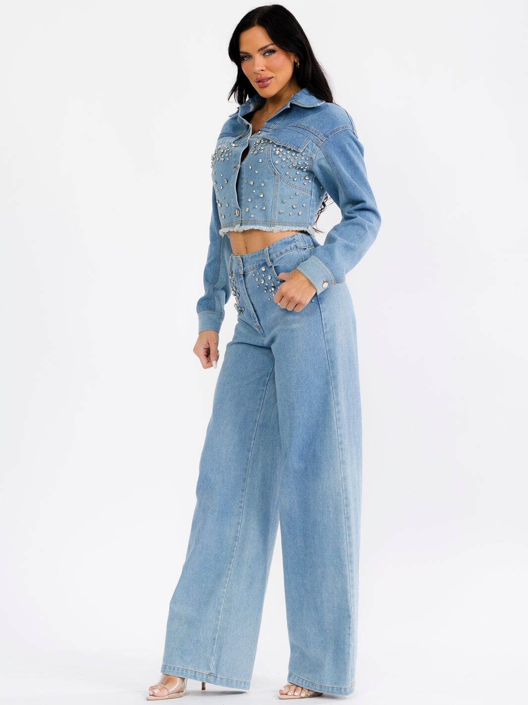 WOMEN'S LONG SLEEVE JACKET & BUTTON CLOSURE PANTS STUDS DENIM 2PC. SET