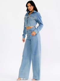 WOMEN'S LONG SLEEVE JACKET & BUTTON CLOSURE PANTS STUDS DENIM 2PC. SET