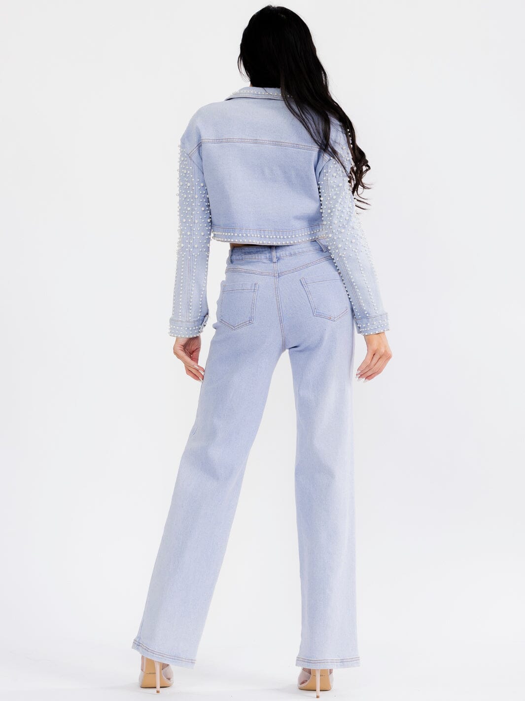WOMEN'S LONG SLEEVE JACKET & BUTTON CLOSURE PANTS PEARL DENIM 2PC. SET