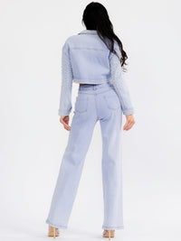 WOMEN'S LONG SLEEVE JACKET & BUTTON CLOSURE PANTS PEARL DENIM 2PC. SET