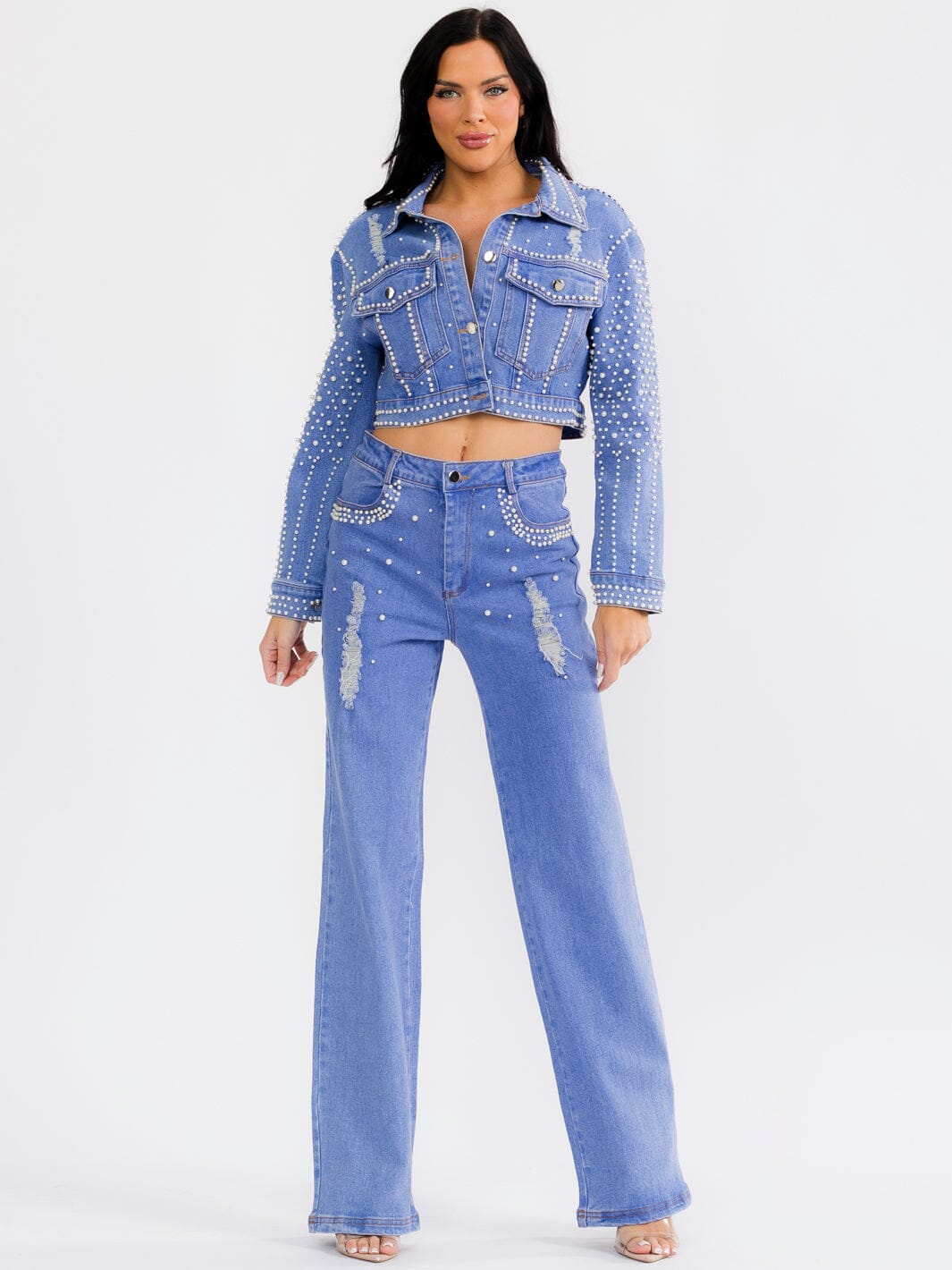 WOMEN'S LONG SLEEVE JACKET & BUTTON CLOSURE PANTS PEARL DENIM 2PC. SET
