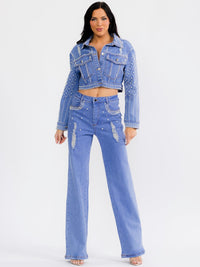 WOMEN'S LONG SLEEVE JACKET & BUTTON CLOSURE PANTS PEARL DENIM 2PC. SET