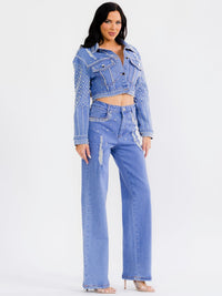 WOMEN'S LONG SLEEVE JACKET & BUTTON CLOSURE PANTS PEARL DENIM 2PC. SET