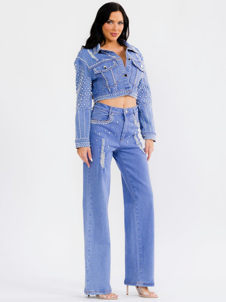WOMEN'S LONG SLEEVE JACKET & BUTTON CLOSURE PANTS PEARL DENIM 2PC. SET