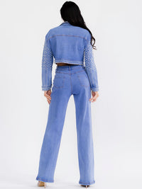 WOMEN'S LONG SLEEVE JACKET & BUTTON CLOSURE PANTS PEARL DENIM 2PC. SET