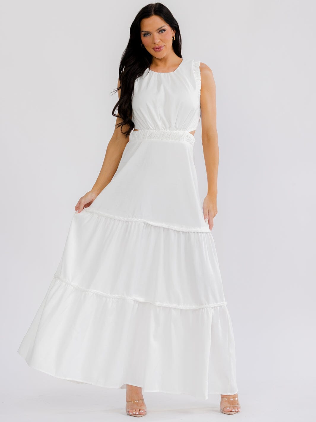 WOMEN'S SLEEVELESS BACK CUT OUT ELASTIC WAIST TIERED MAXI DRESS