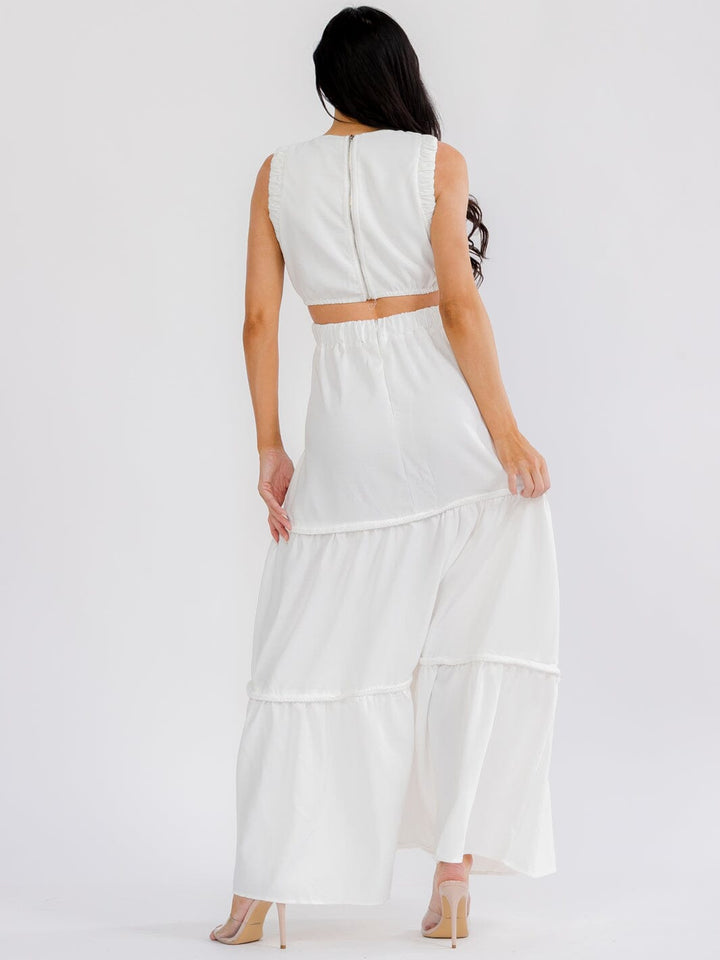 WOMEN'S SLEEVELESS BACK CUT OUT ELASTIC WAIST TIERED MAXI DRESS