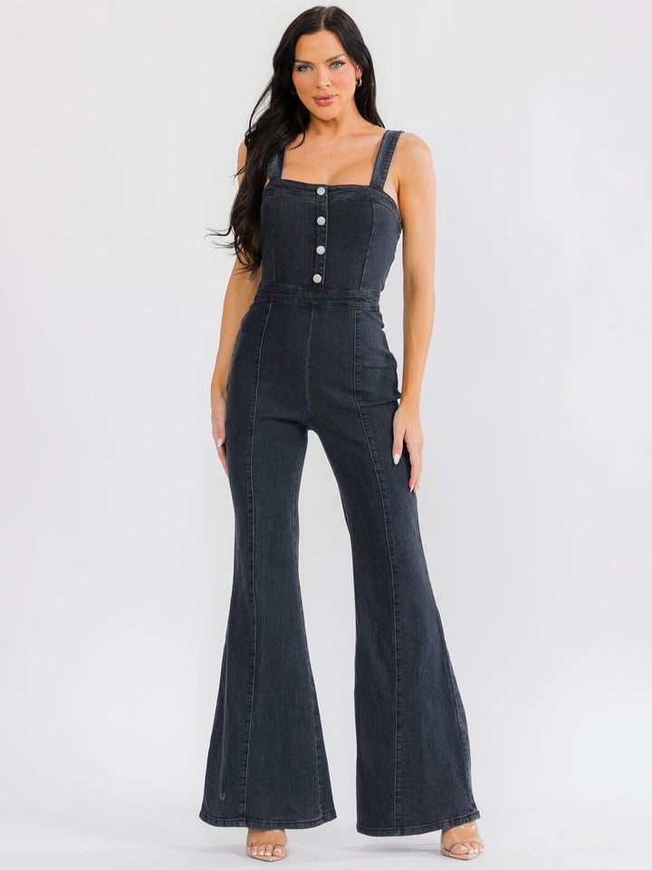 WOMEN'S SLEEVELESS SQUARE NECK FRONT POCKETS BELL LEG STRETCH DENIM JUMPSUIT