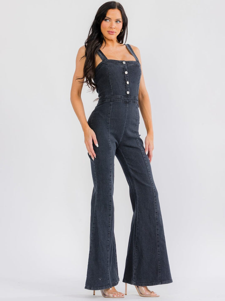 WOMEN'S SLEEVELESS SQUARE NECK FRONT POCKETS BELL LEG STRETCH DENIM JUMPSUIT