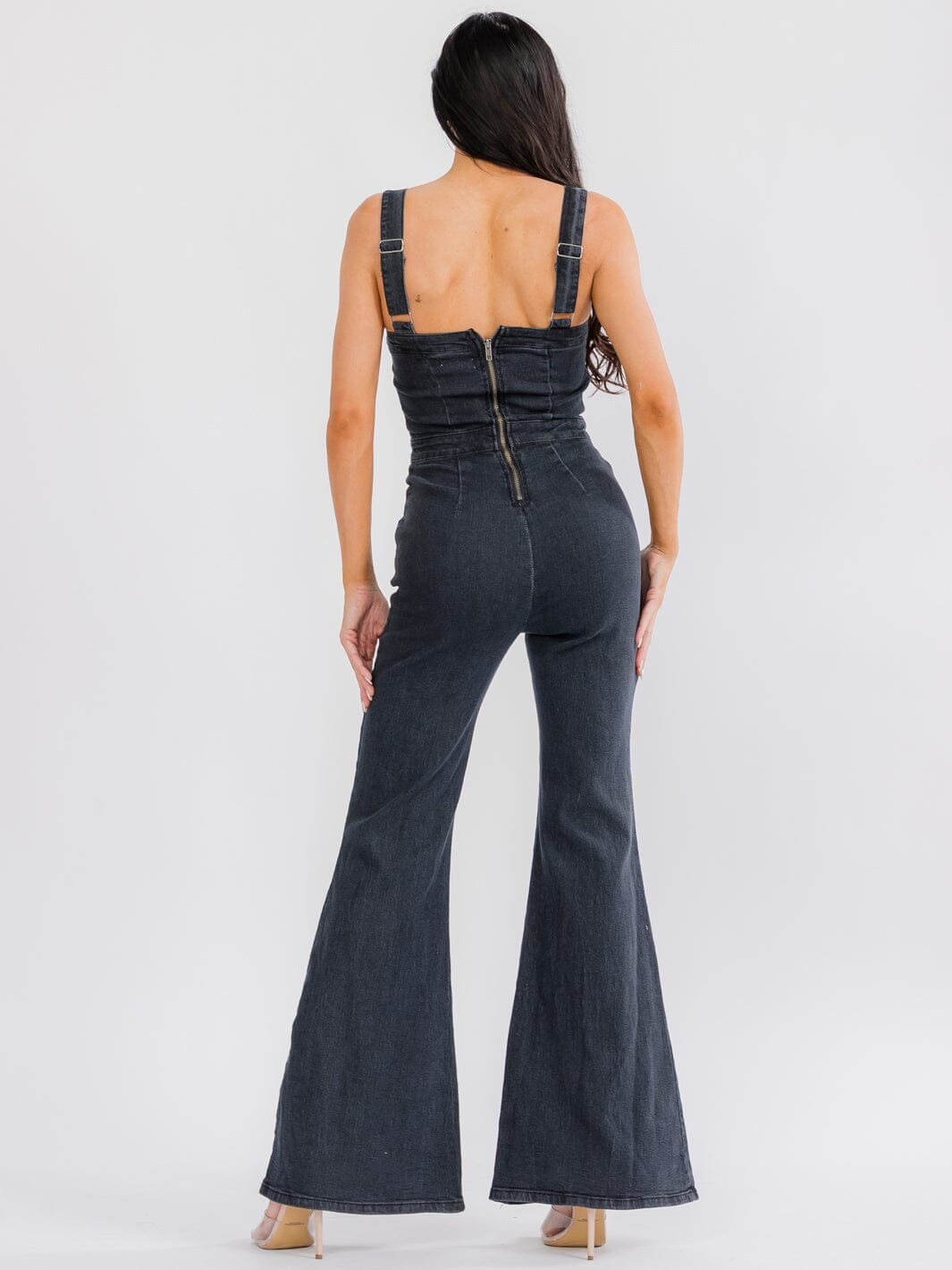 WOMEN'S SLEEVELESS SQUARE NECK FRONT POCKETS BELL LEG STRETCH DENIM JUMPSUIT