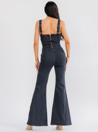 WOMEN'S SLEEVELESS SQUARE NECK FRONT POCKETS BELL LEG STRETCH DENIM JUMPSUIT