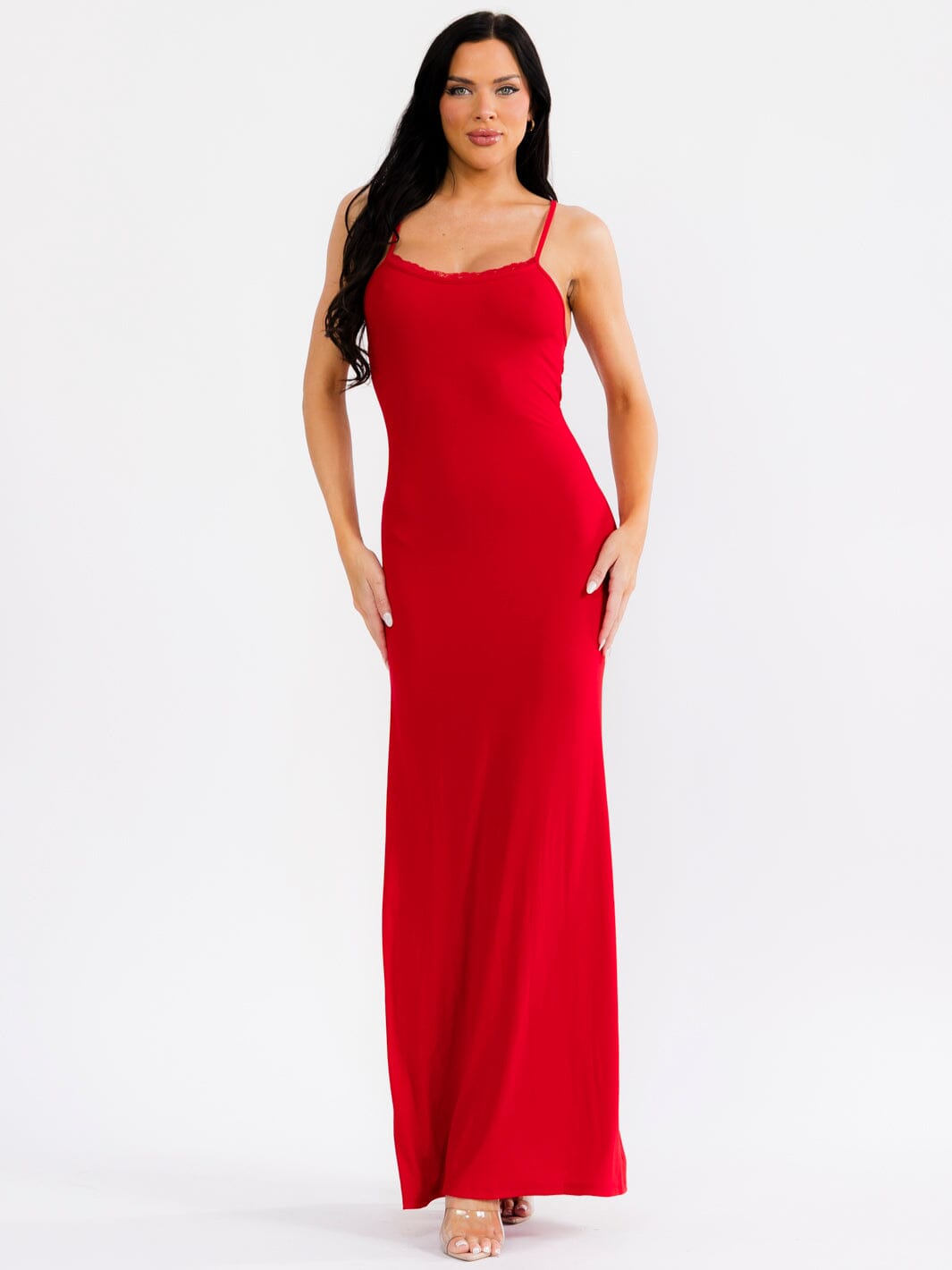WOMEN'S SLEEVELESS LACE TRIM RIBBED BODYCON MAXI DRESS