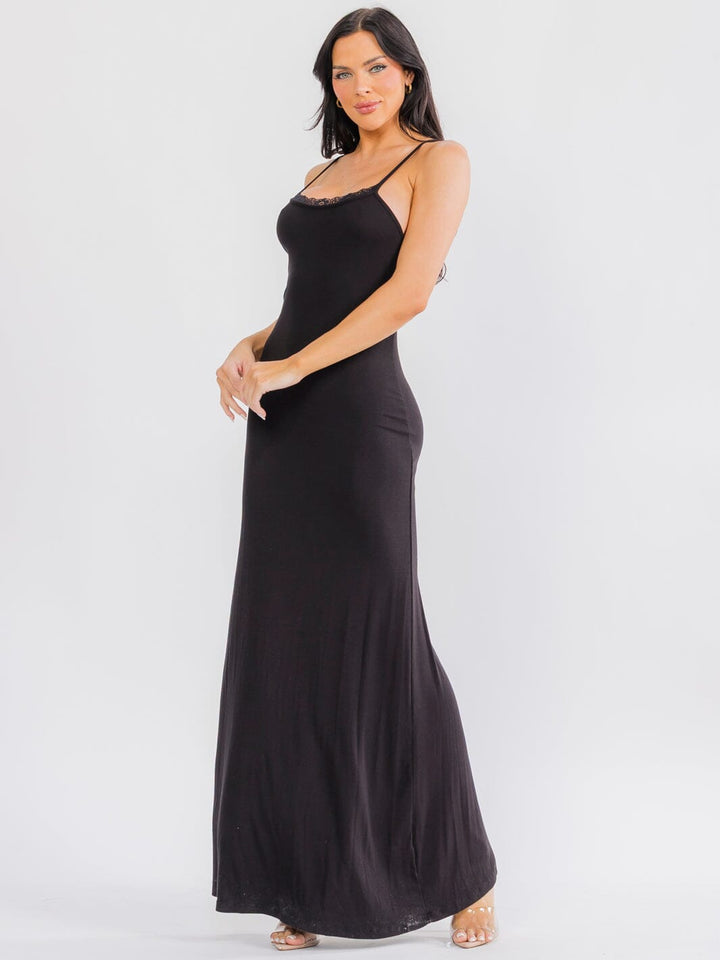 WOMEN'S SLEEVELESS LACE TRIM RIBBED BODYCON MAXI DRESS