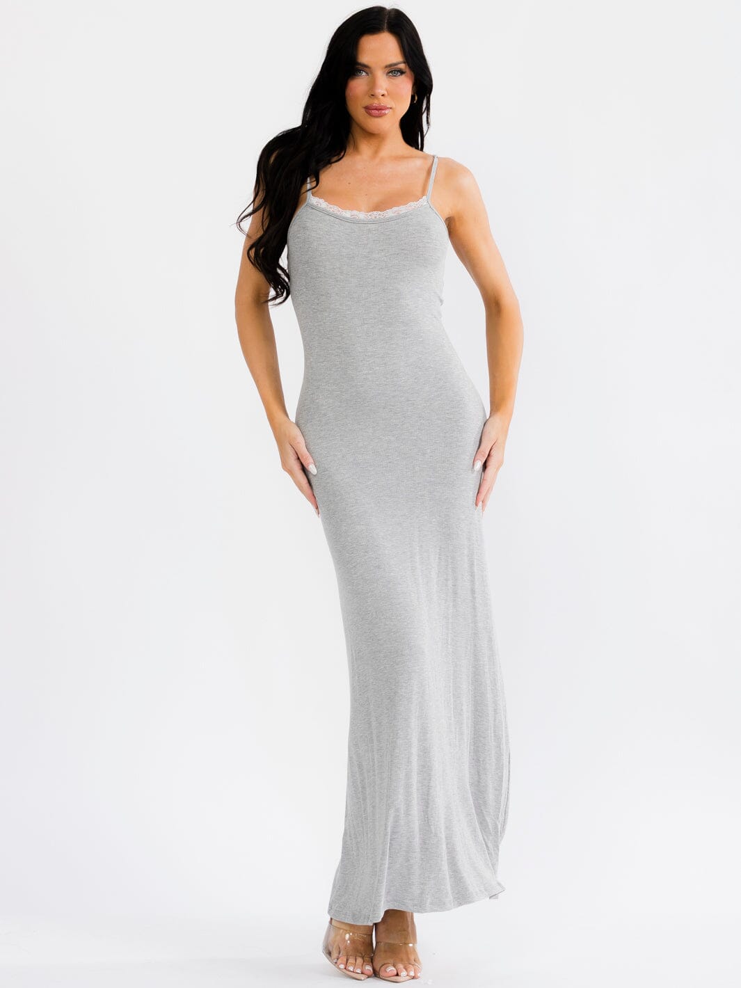 WOMEN'S SLEEVELESS LACE TRIM RIBBED BODYCON MAXI DRESS