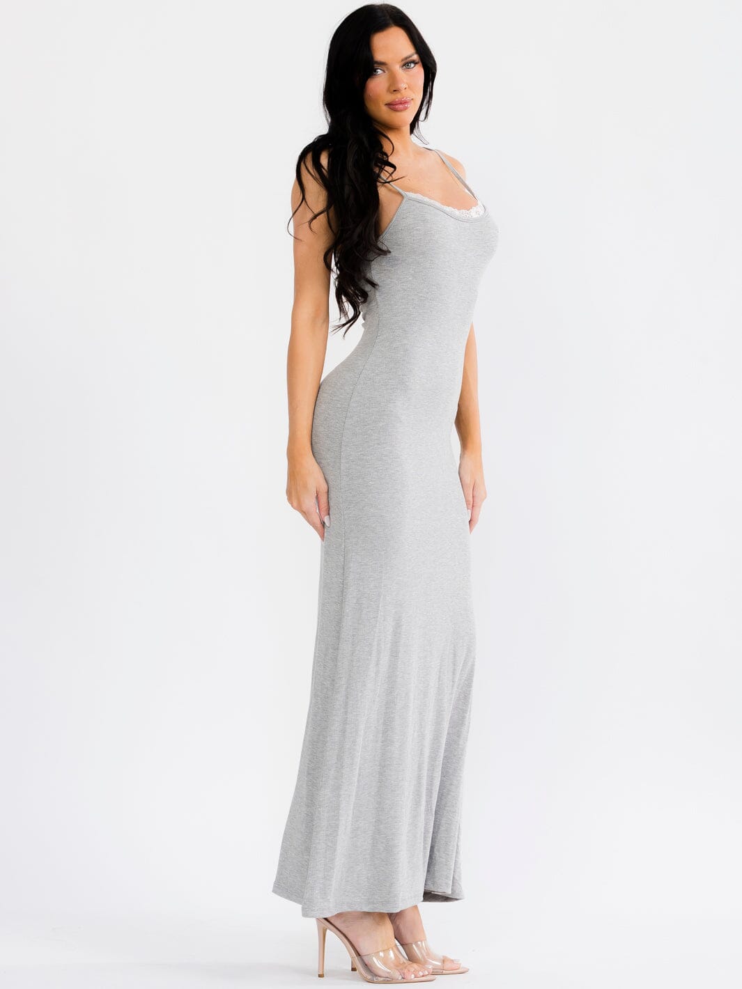 ribbed lace trim dress Black Ribbed Lace Trim Midi Dress with Side Slit