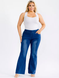 PLUS SIZE ELASTIC WAIST POCKETS STRETCH DENIM WASHED BELL LEG JEGGINGS