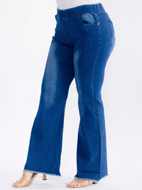 PLUS SIZE ELASTIC WAIST POCKETS STRETCH DENIM WASHED BELL LEG JEGGINGS