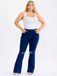PLUS SIZE ELASTIC WAIST POCKETS STRETCH DISTRESS DENIM BELL LEG JEGGINGS