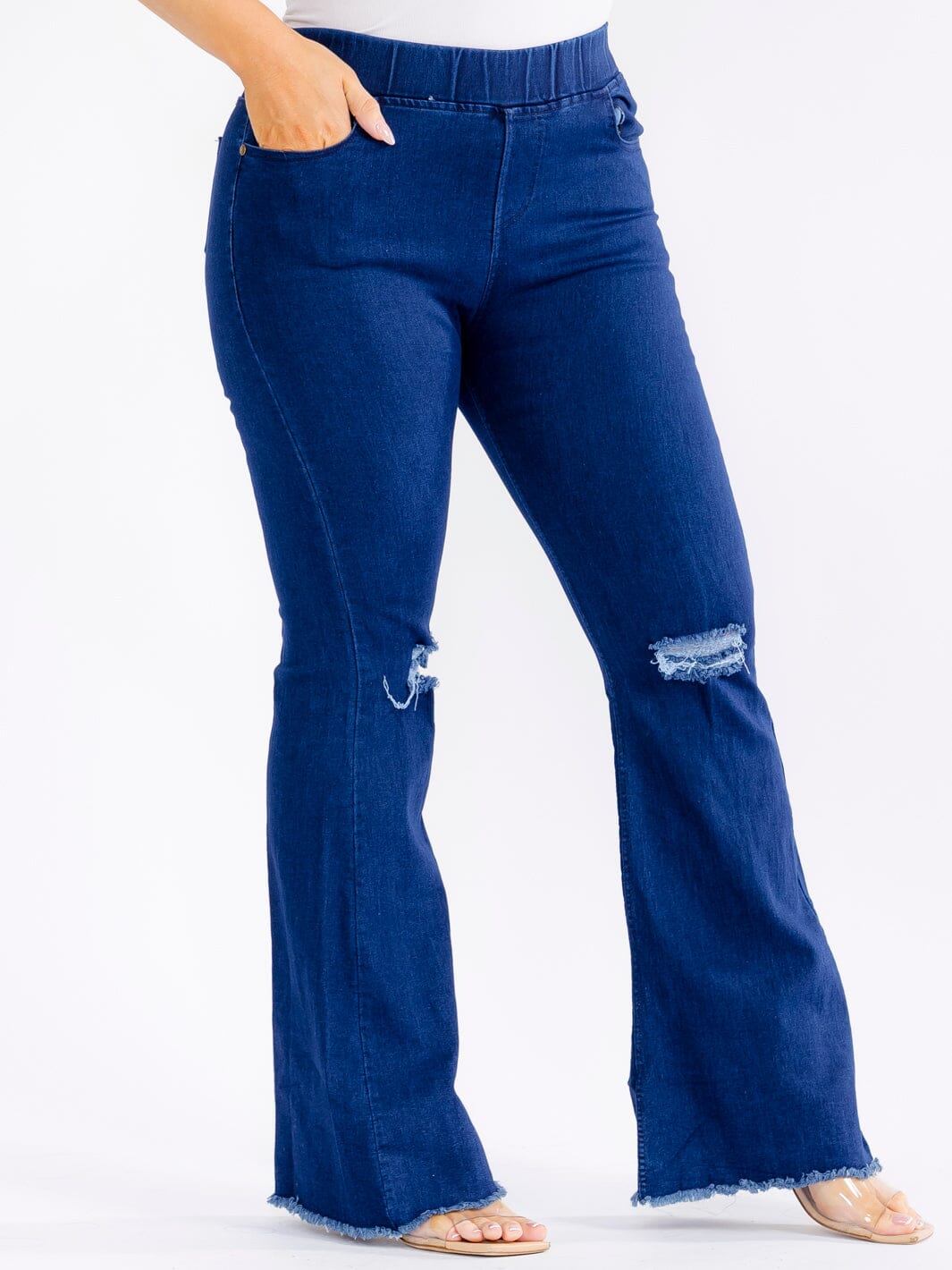 PLUS SIZE ELASTIC WAIST POCKETS STRETCH DISTRESS DENIM BELL LEG JEGGINGS