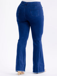 PLUS SIZE ELASTIC WAIST POCKETS STRETCH DISTRESS DENIM BELL LEG JEGGINGS