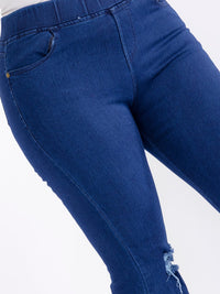 PLUS SIZE ELASTIC WAIST POCKETS STRETCH DISTRESS DENIM BELL LEG JEGGINGS