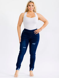 PLUS SIZE ELASTIC WAIST POCKETS STRETCH DENIM DISTRESS WASHED SKINNY JEGGINGS