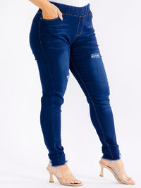 PLUS SIZE ELASTIC WAIST POCKETS STRETCH DENIM DISTRESS WASHED SKINNY JEGGINGS