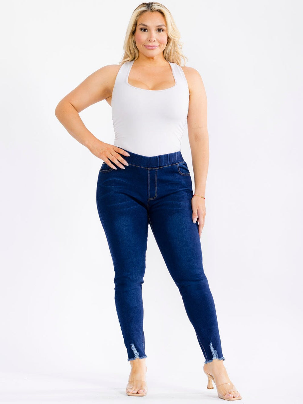 PLUS SIZE ELASTIC WAIST POCKETS STRETCH DENIM DISTRESS SKINNY JEGGINGS