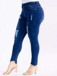 PLUS SIZE ELASTIC WAIST POCKETS STRETCH DENIM DISTRESS WASHED SKINNY JEGGINGS