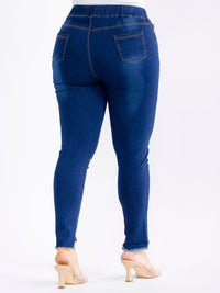 PLUS SIZE ELASTIC WAIST POCKETS STRETCH DENIM DISTRESS WASHED SKINNY JEGGINGS