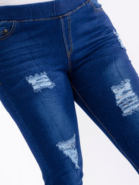 PLUS SIZE ELASTIC WAIST POCKETS STRETCH DENIM DISTRESS WASHED SKINNY JEGGINGS